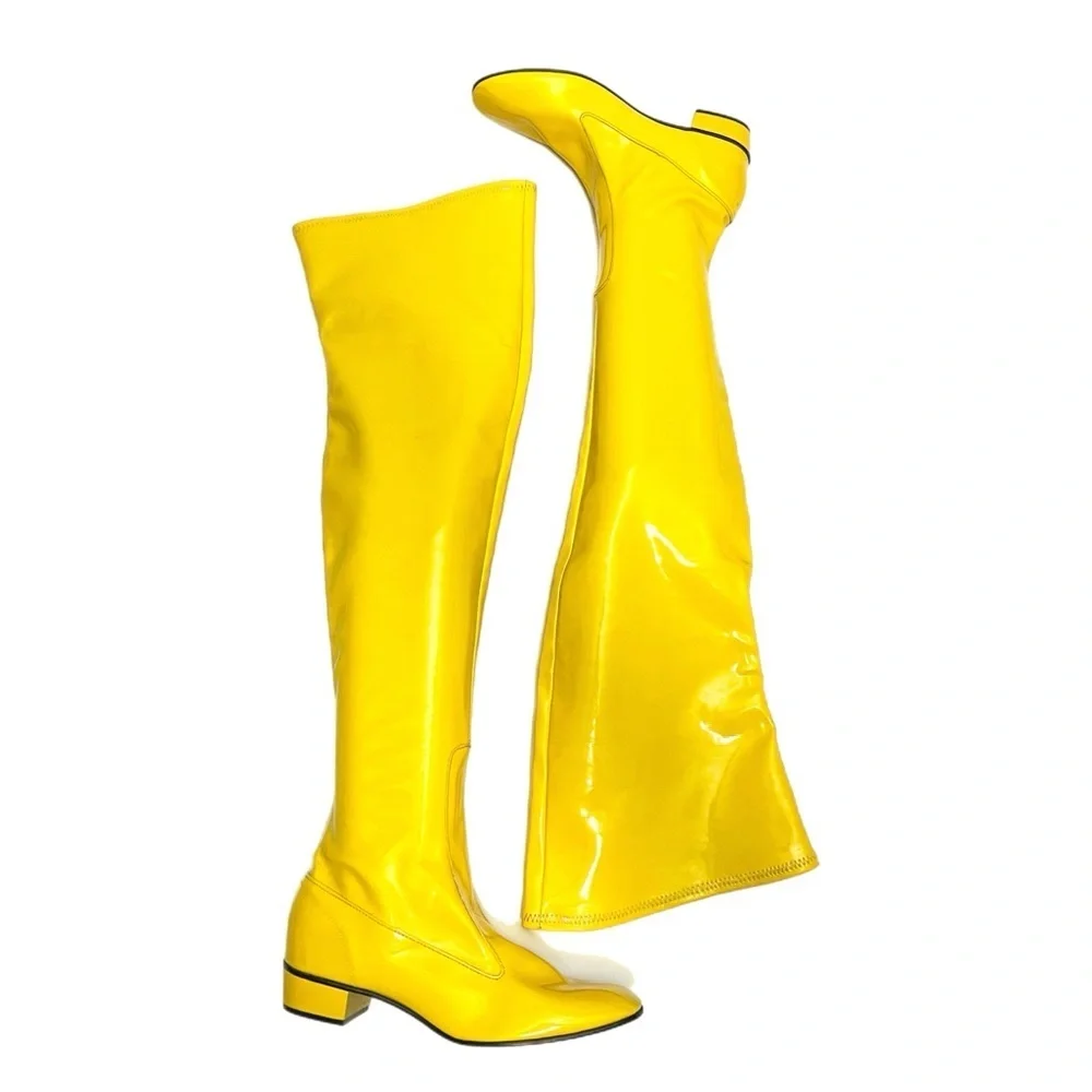 Vintage 1960s deadstock banana yellow vinyl over the knee pull on gogo boots